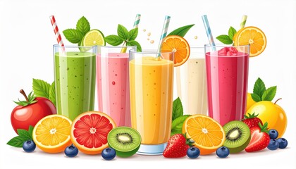 Five colorful fruit smoothies in tall glasses surrounded by fresh assorted fruits and garnished with mint leaves.