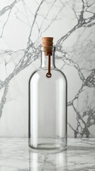 Realistic Mockup of Clear Glass Bottle with Cork and Leather Hanger on Marble
