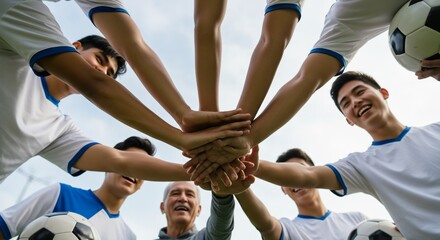 Soccer team huddle with coach, hands stacked, smiling faces, low angle view