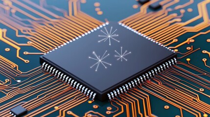 Quantum Computing entanglement concept. Close-up of a microchip on a circuit board.