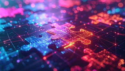 Colorful digital puzzle pieces interconnected, representing technology and data integration.