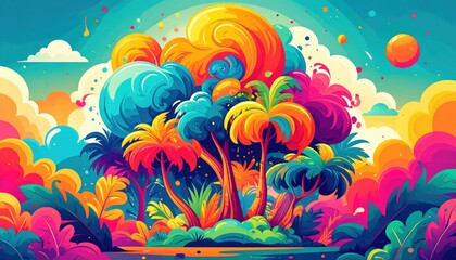 A vibrant, colorful illustration of tropical trees and clouds in a surreal, dreamy landscape with bold, swirling patterns.