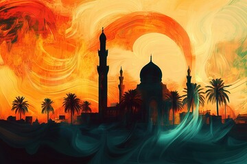 Vibrant sunset over a mosque with palm trees