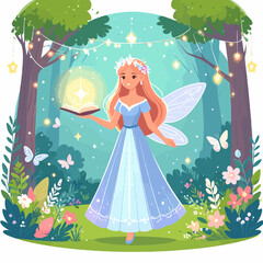 Smiling Fairy Holding an Open Glowing Book in a Lush Forest Scene with Flowers Butterflies and Light Strings
