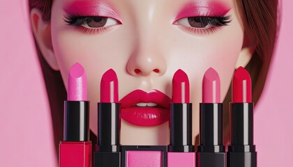 A woman with bold pink makeup gazes at five vibrant lipstick shades displayed in front of her on a pink background.