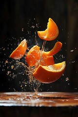 Orange Slices Splashing on Wood. (2)