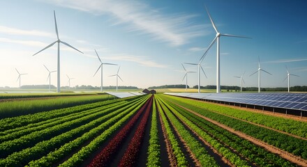 Sustainable farm landscape with wind turbines and solar panels provides power to agriculture.