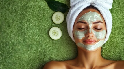 A woman with a towel on her head and a green towel on her body, lying on a green towel with cucumber slices on it.