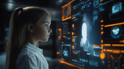 Child interacts with futuristic holographic display