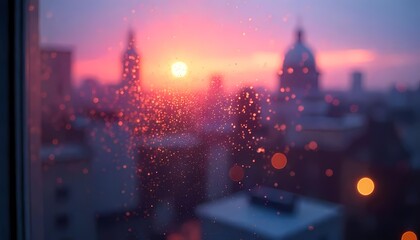 Fototapeta premium Sunset Cityscape Silhouette with RainKissed Window in Pink and Purple Hues, Urban Environment, Atmospheric Viewpoint