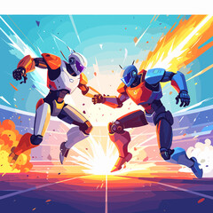 Two Robots Fighting in an Arena with Orange and Blue Hues Digital Illustration