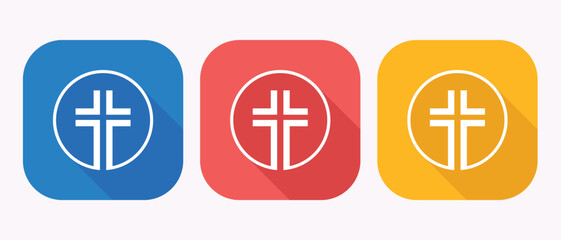 Fototapeta premium Modern Christian Cross App Icons: Blue, Red, and Gold Square Buttons with Long Shadows.