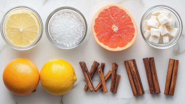 Grapefruit, lemon, cinnamon sticks, sugar cubes, and a bowl of salt on a marble countertop. - Powered by Adobe