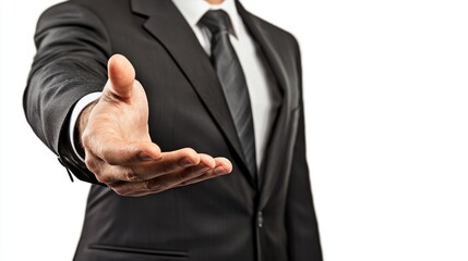 A businessman in a suit extending his hand for a handshake. The professional concept of business and networking is emphasized.