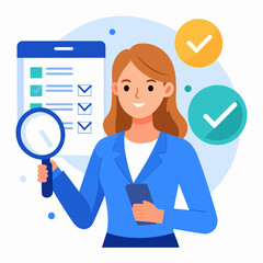 Woman Reviewing Approved Checklist with Magnifying Glass and Tick Marks in a Flat Vector Illustration on White Background