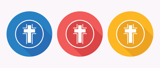 Modern Christian Cross Icons: Blue, Red, and Gold Circular Design with Long Shadows.