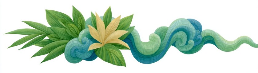 Nature watercolor illustration of leaves and waves tranquil environment serene viewpoint for artistic inspiration