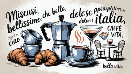 Vector art of italian coffee and croissants with italian text