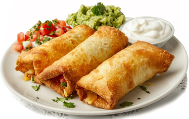 Golden fried chimichangas with fresh guacamole, salsa, and sour cream. A perfect Mexican meal!