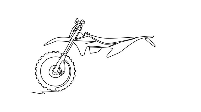 Self drawing animation of single line draw side view of dirt bike for motocross competition. Trick training featuring aggressive tread tires for maximum traction. Continuous line. Full length animated