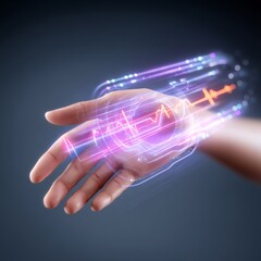 Futuristic skin-embedded ui projecting health data modern tech showcase indoor setting closeup view