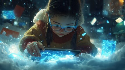 Child playing with tablet in snow; magical scene; use for children's product; winter fantasy