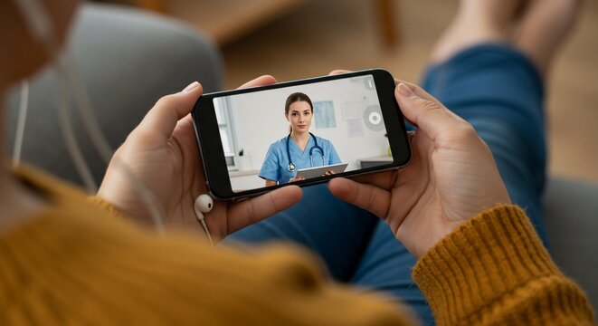 Telehealth appointment: Patient views doctor on smartphone screen at home