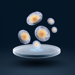 Floating circular holograms showcasing microorganisms in a futuristic lab environment