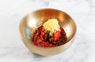 Cold Buckwheat Noodles (Korean cool noodles) decorated on thet marble table.