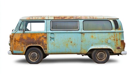 An old, rusted van with a blue and green color scheme, parked on a white background. The vehicle appears to be abandoned and in a state of disrepair.
