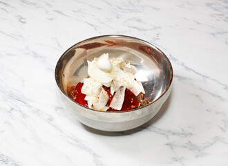 Cold Buckwheat Noodles (Korean cool noodles) decorated on thet marble table.