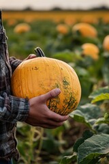 Man holding large pumpkin in field