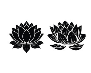 A simple, stylized, black silhouette of a lotus flower against a white background.