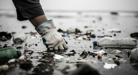 Gloved Hand Cleans Polluted Beach, Removing Plastic Waste in Murky Water