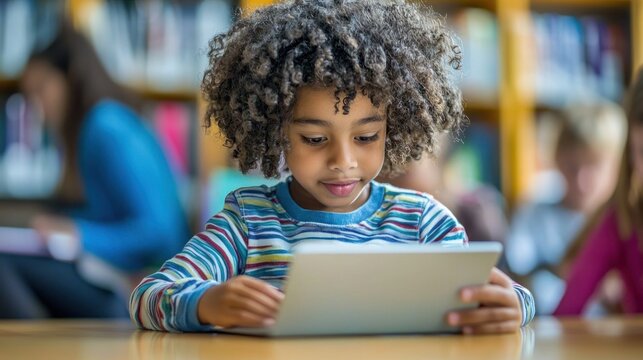 A young child with curly hair using a tablet in a library. - Powered by Adobe