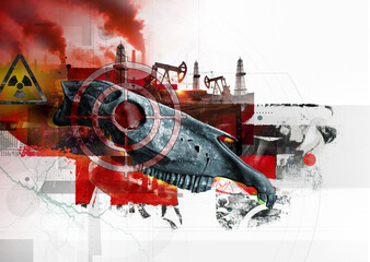 Abstract ecology and industrial theme composition. Environmental impact, industry damage, radiation pollution, energy sector issues, ecological awareness. Mixed media graphic, digital art collage