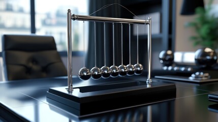A Newton's Cradle desktop toy rests on a glossy black desk in a blurred office