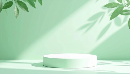 Empty podium or pedestal in elegant on pastel green gradient background with leaf shadow overlay,ideal mockup for product display presentation showcase backdrop design