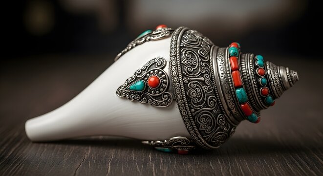 Ornate Tibetan Ritual Conch Shell (Shankha) with Silver and Gemstones