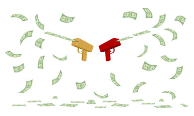money gun with dollar cash flying. vector illustration isolated on white background.