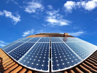 Solar panel array under a clear blue sky with scattered clouds. A solar panel array reflects...
