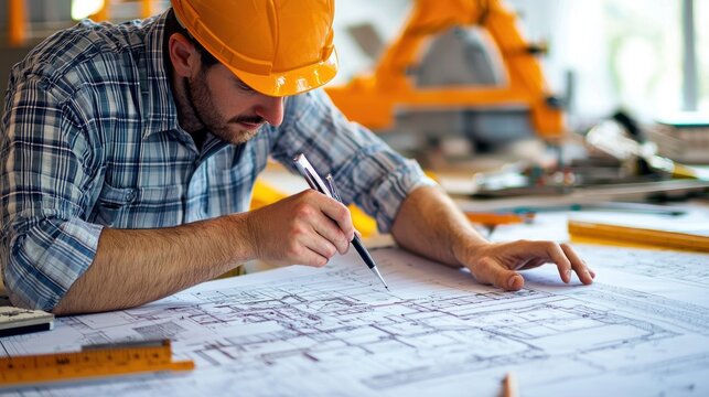 A man in an orange hard hat working on a blueprint in a workshop. - Powered by Adobe