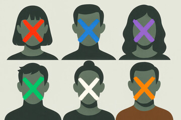 Abstract artwork showing six faceless figures with colorful X marks over their faces, symbolizing cancel culture, silencing, and social exclusion.