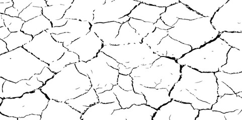 Black and white cracked earth texture, depicting dryness and erosion. Ideal for climate change, drought, desertification, or natural disaster themes in art, design, or environmental awareness.