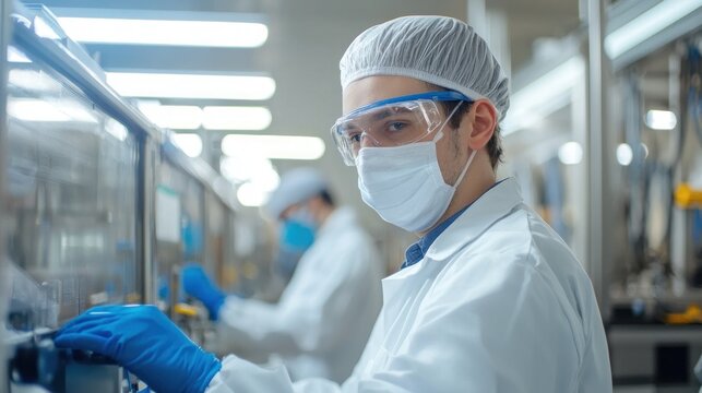 A man in a lab coat and protective gear works in a laboratory, wearing gloves and a mask.