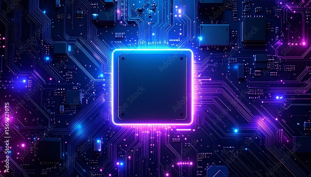 Poster neon illuminated central processing unit on a complex motherboard background design. a tech concept 