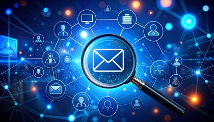 Email communication network with magnifying glass and user connections in blue tones