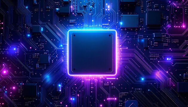 Neon illuminated central processing unit on a complex motherboard background design. A tech concept with electronic chips and a printed processor on the motherboard, illustrating information and data 