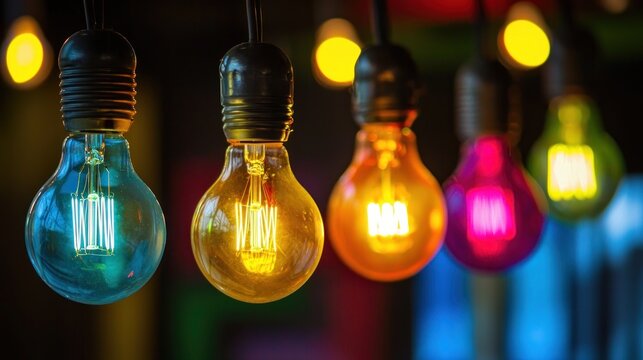 A colorful array of light bulbs hanging from a string against a dark background.