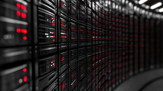 A server room with multiple servers stacked vertically, illuminated by red lights. The environment is industrial and technological, with a focus on data storage and processing.